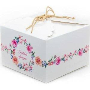 Svatební krabička na výslužku bílá s květinami (16,5 x 16,5 x 11 cm) - dortis