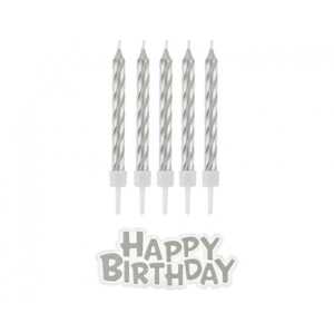 Dortové svíčky Happy Birthday stříbrné